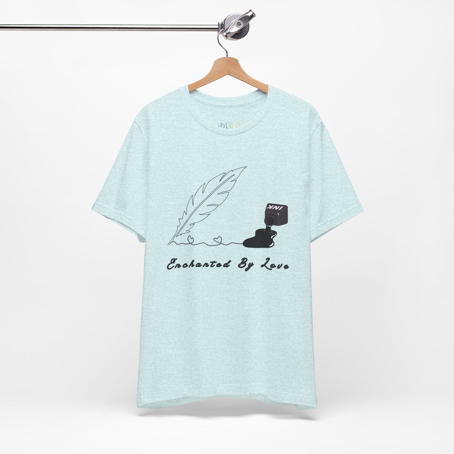 Icy blue t-shirt with a black sketched feather quill, spilled ink and text 'Enchanted By Love'