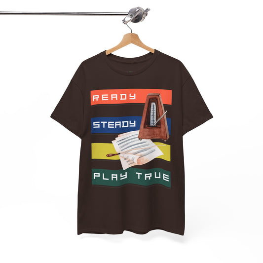 Brown t-shirt with graphic design of a metronome, music sheets and text 'Ready. Steady. Play True.'