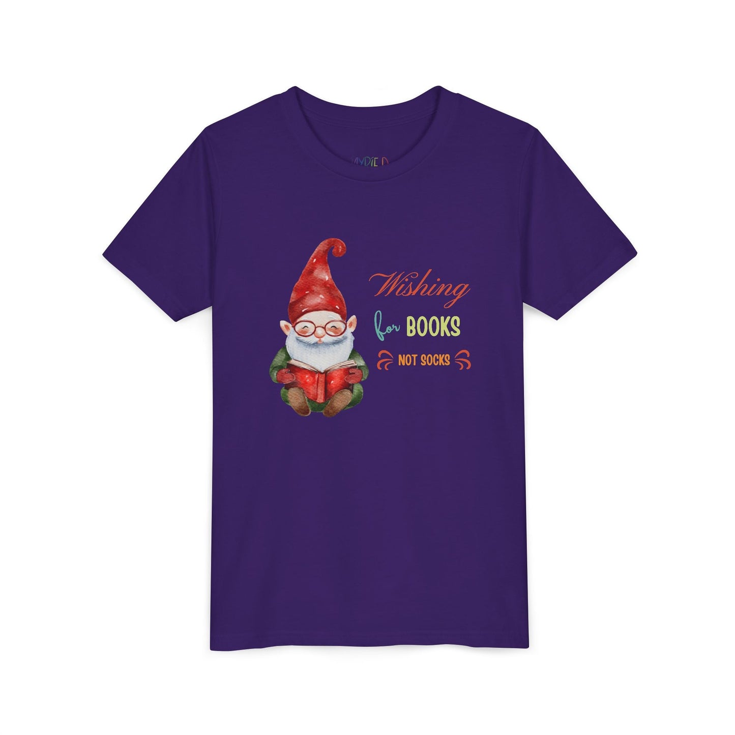 Youth Wishing for Books Not Socks T-Shirt â€“ Holiday Gnome Reading Design Printify