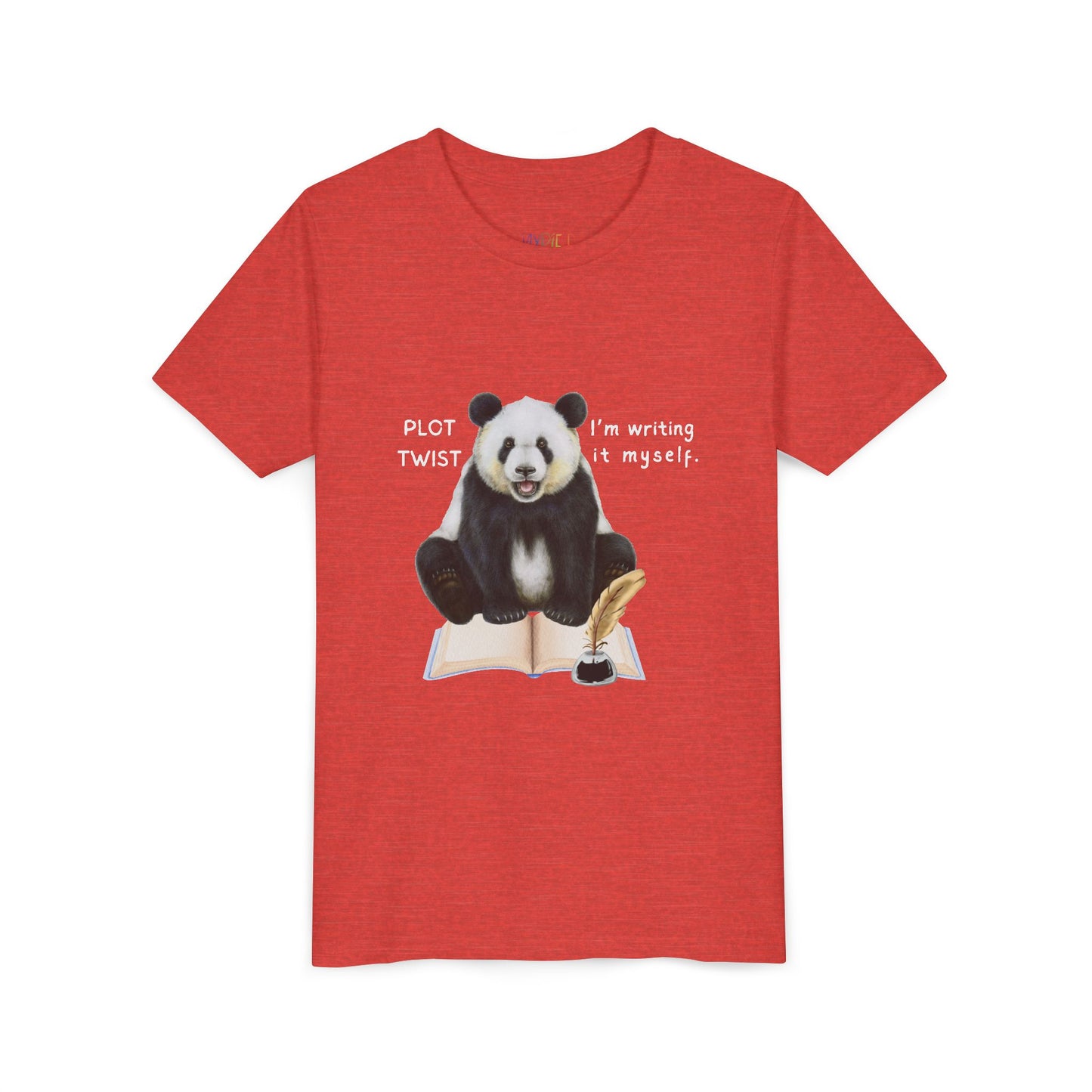 Red t-shirt with a panda graphic and text 'Plot Twist I'm Writing It Myself'