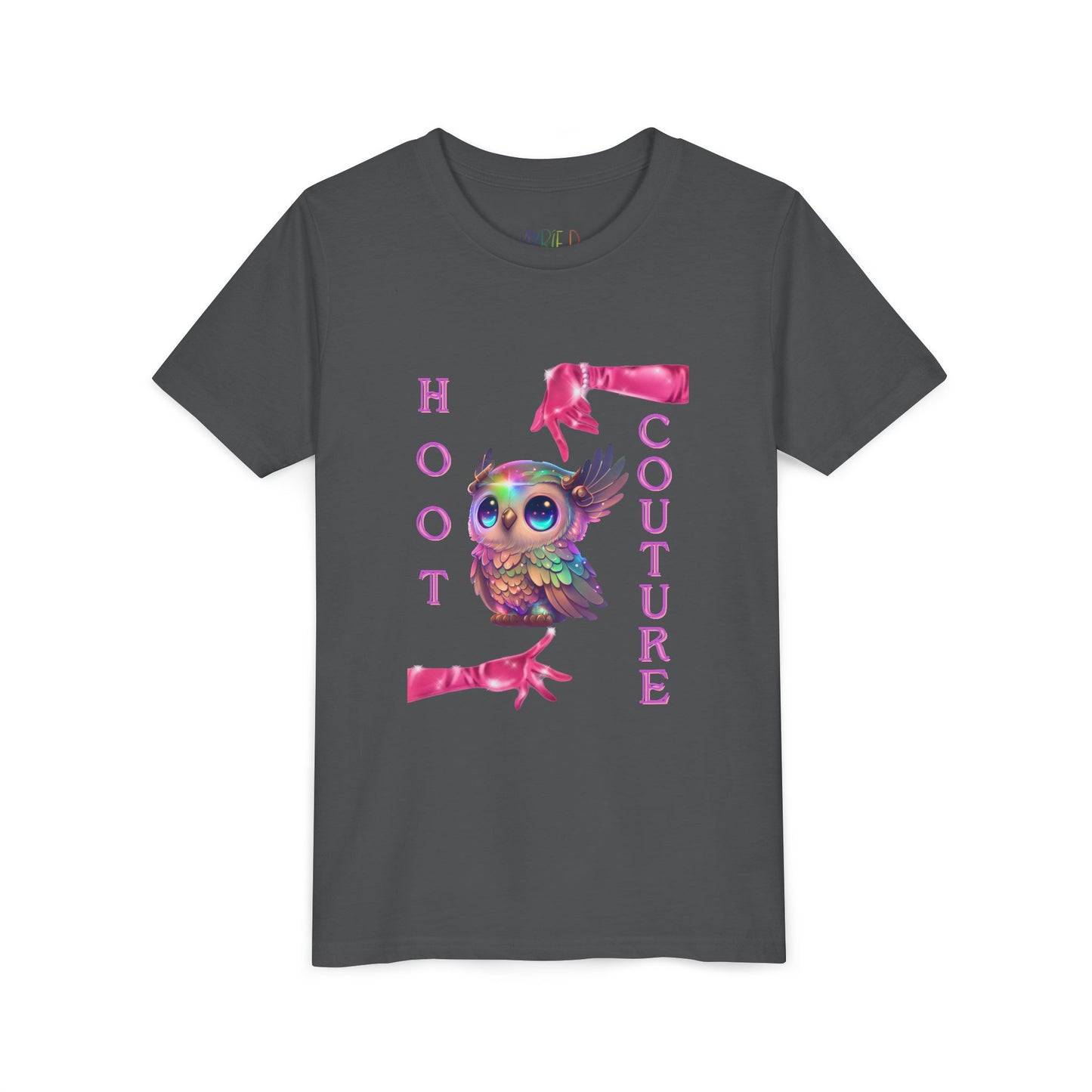 Gray t-shirt with colorful a fancy rainbow colored owl, fashion pink gloves and text 'HOOT COUTURE'