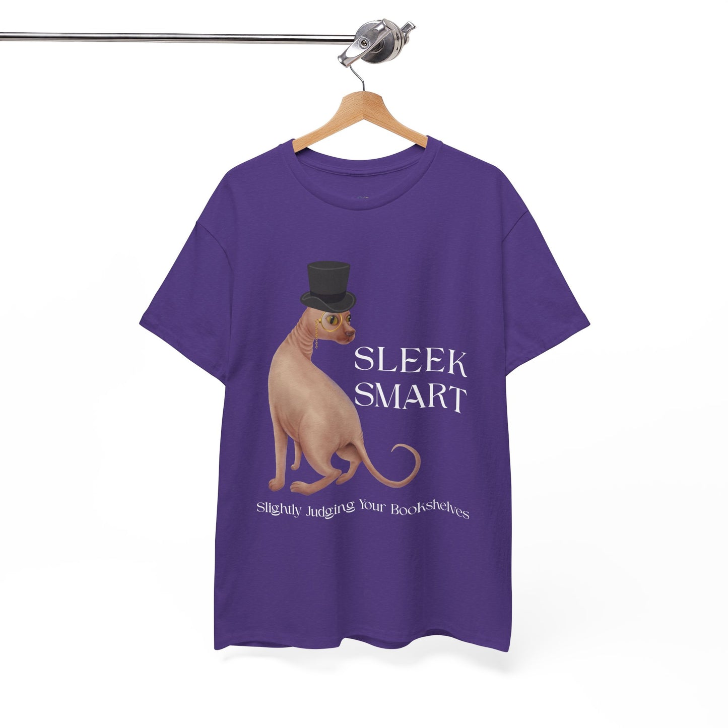 Purple t-shirt with a hairless cat in a monacle and top hat, text "SLEEK SMART' and 'Slightly Judging Your Bookshelf'