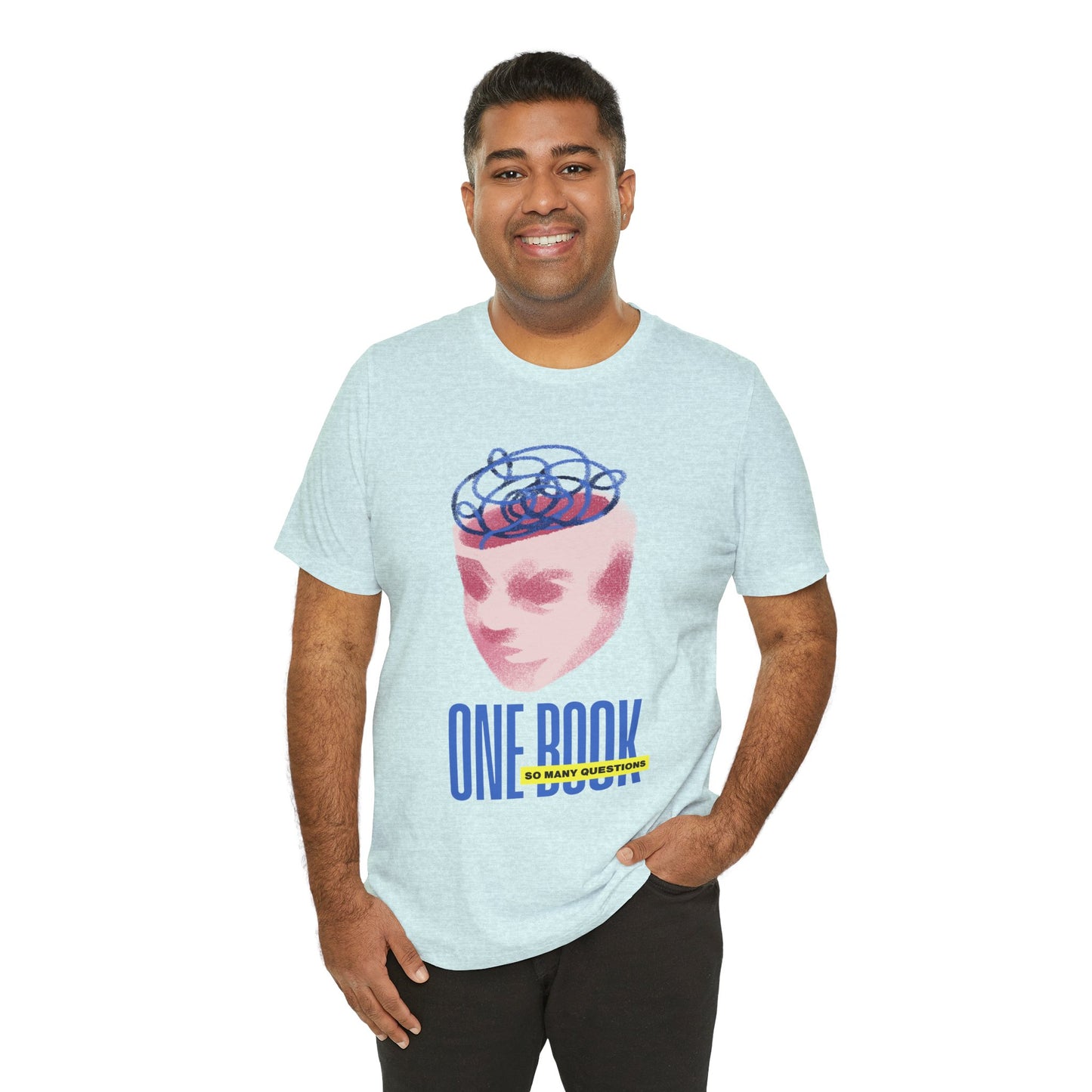 Man wearing a light ice blue t-shirt with a pink face/head graphic, blue swirls coming out of the top and text 'One Book So Many Questions'