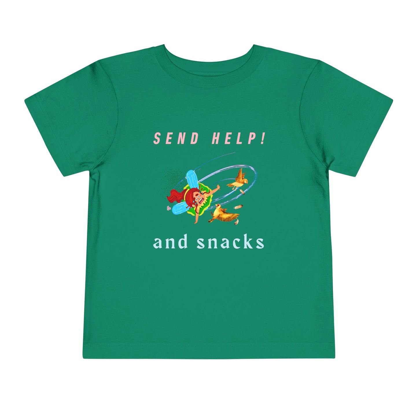 Green toddler t-shirt with a cartoon fairy colliding into birds mid-air and text 'Send Help! and snacks'