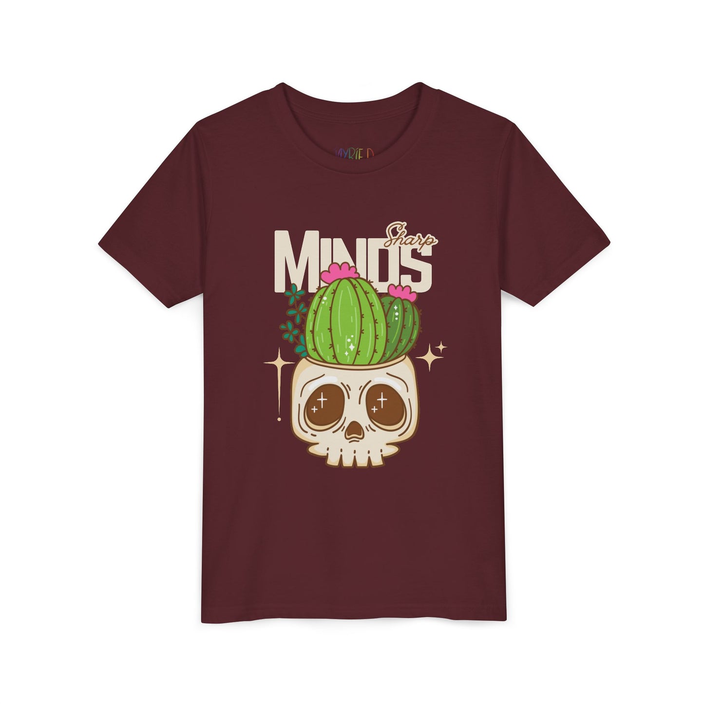 Maroon t-shirt with a cactus growing out of a skull and text 'Sharp Minds'