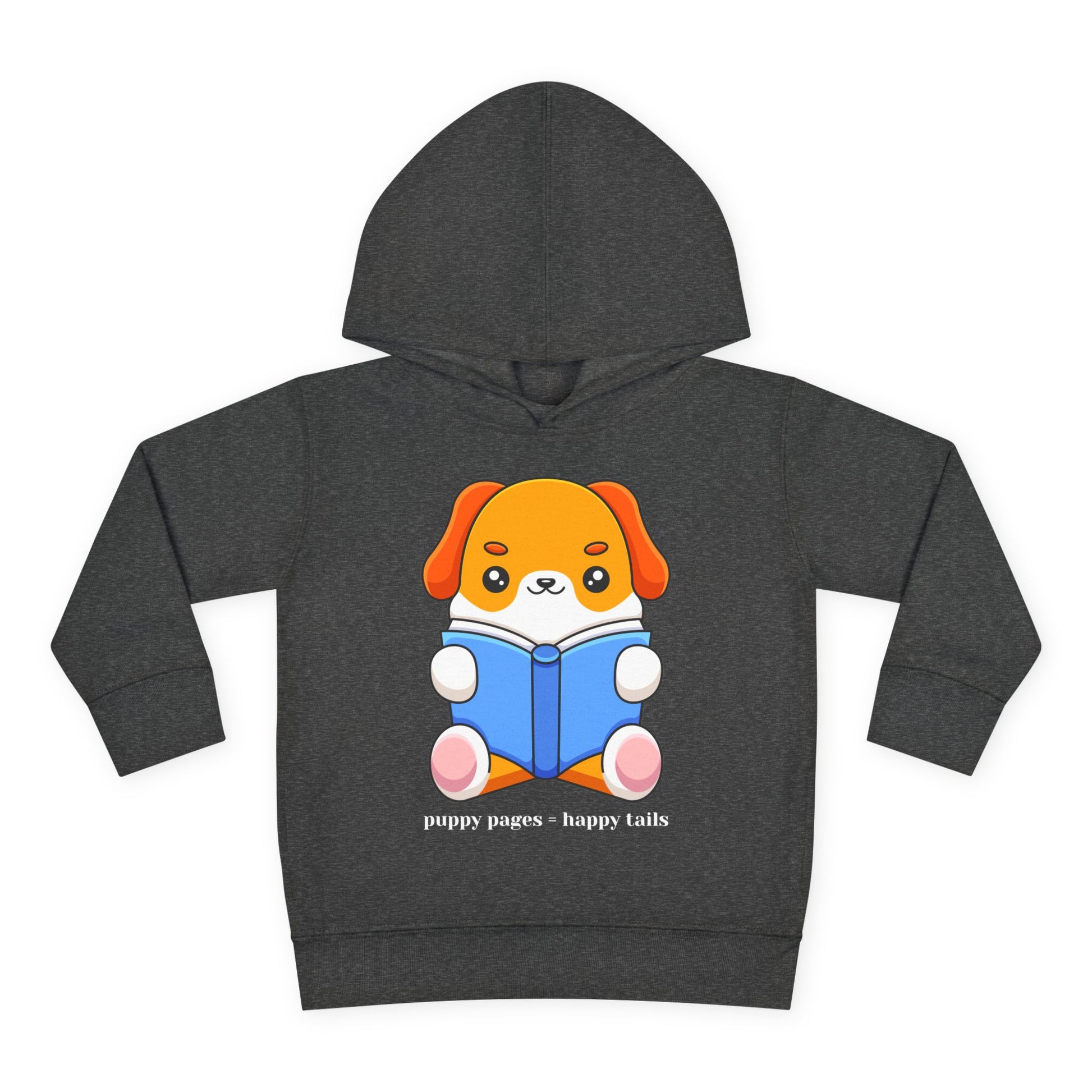 Cute cartoon puppy with orange ears and white fur sitting upright and reading a blue book — printed on a dark toddler hoodie.