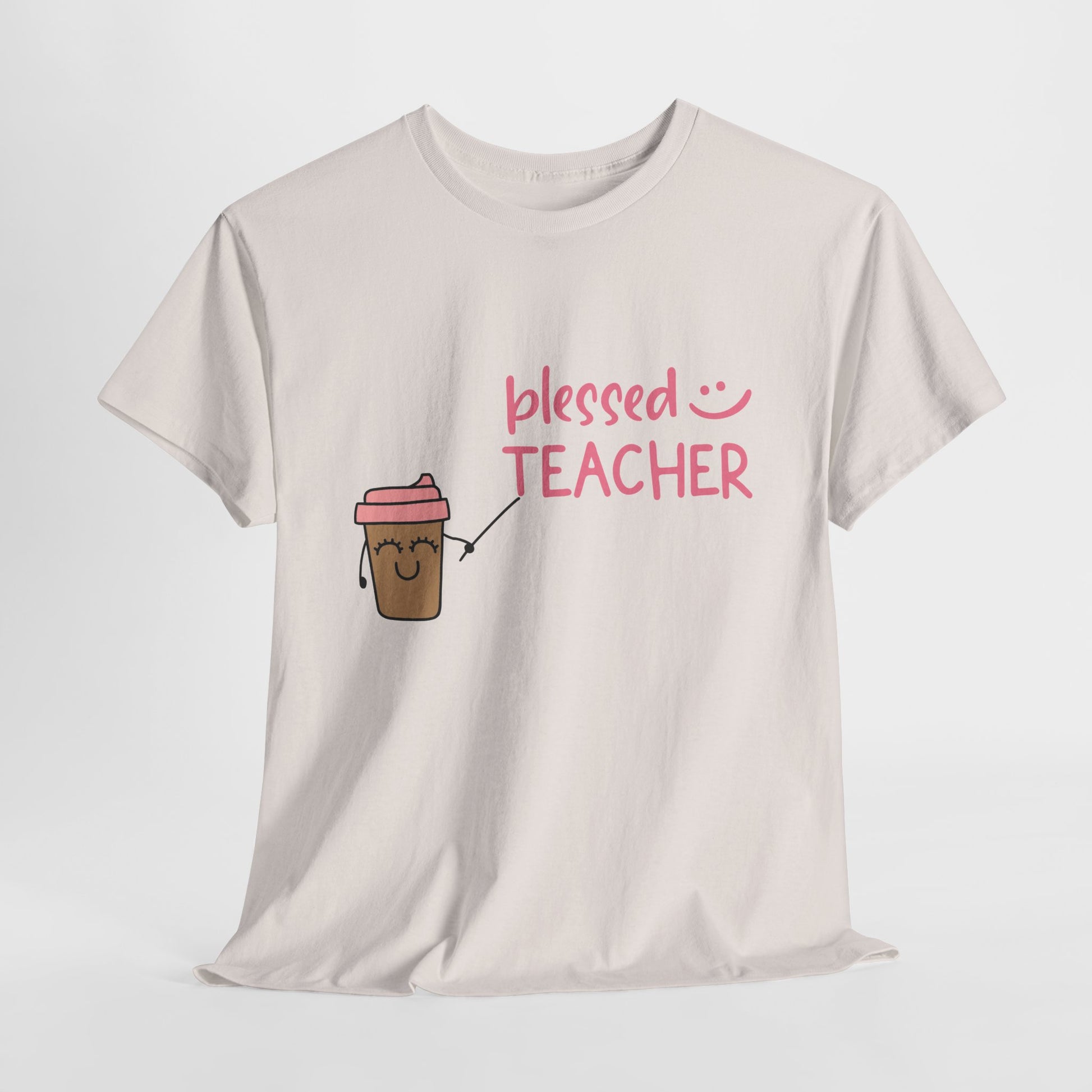 Beige t-shirt with a cartoon coffee cup pointing at pink text 'blessed teacher' 