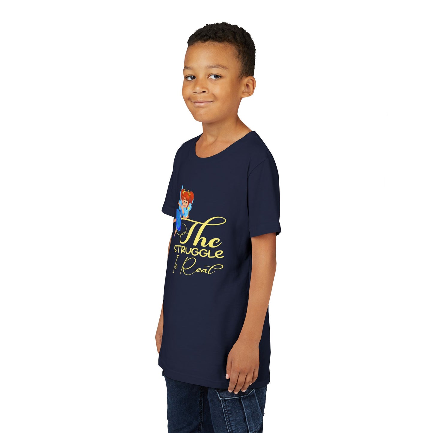 Boy wearing a navy blue t-shirt with cartoon fairy and 'The Struggle Is Real' text 