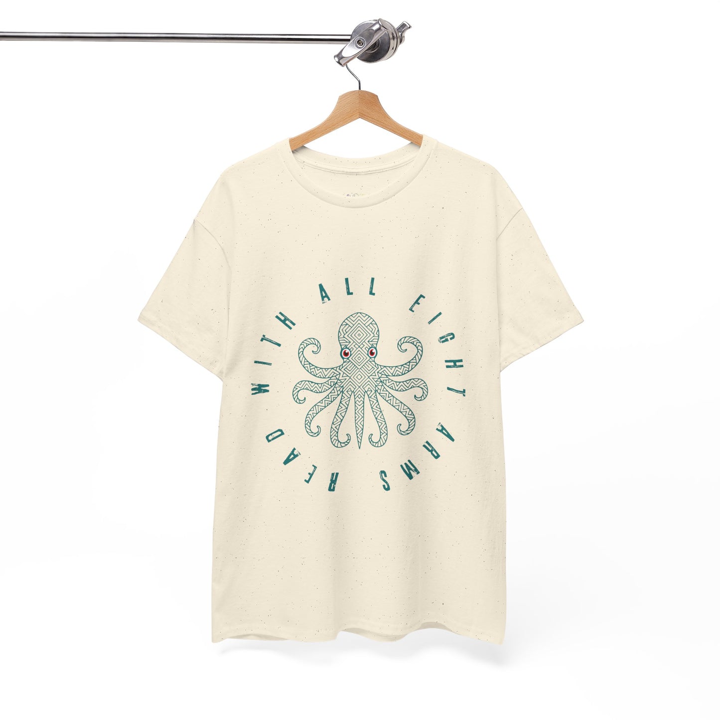 Beige t-shirt with a red eyed octopus and text 'Read With All Eight Arms'