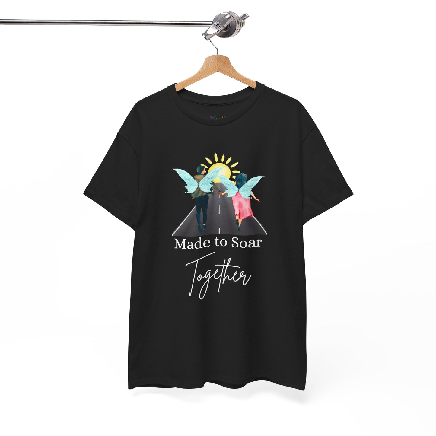 Black t-shirt with graphic design of two fairies running down the toward toward the sunset and text 'Made To Soar Together' and text 'Made to Soar Together' 