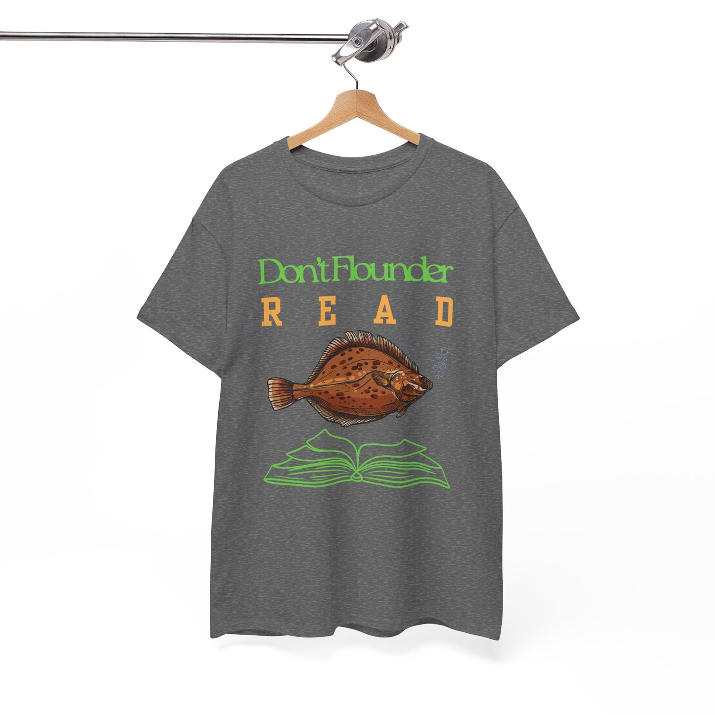 Gray t-shirt with a fish and book graphic and text 'Don't Flounder READ' 