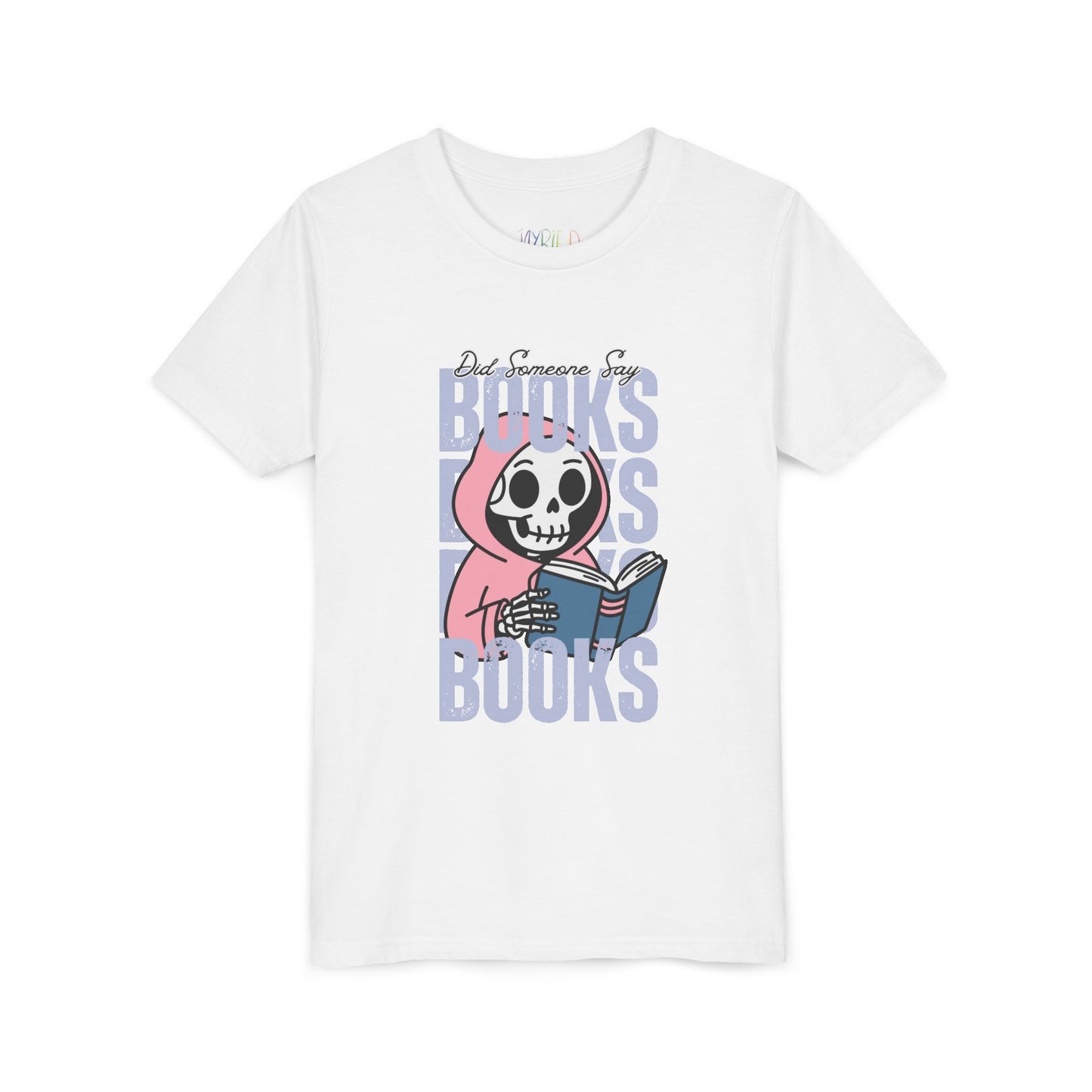 White t-shirt with a skeleton in a pink hoodie, reading a book in the middle of stacked 'BOOKS' text