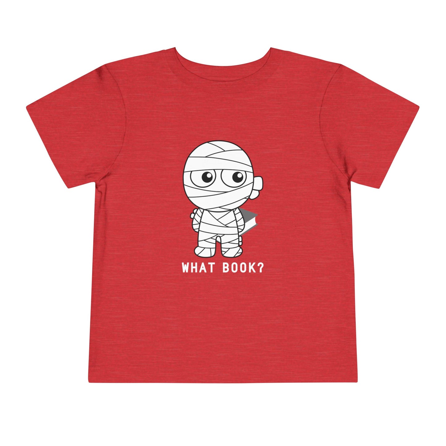 Red toddler t-shirt with a sheepish mummy holding a book behind it's back and text 'WHAT BOOK?' 
