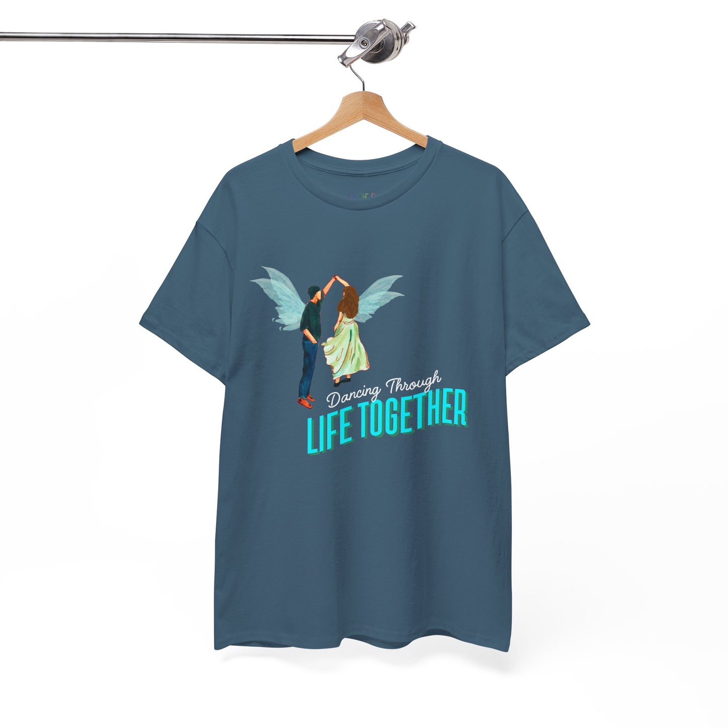 Teal t-shirt with two fairies dancing and text 'Dancing Through Life Together' 