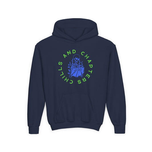 Youth Chapters and Chills Hoodie – Spooky Skeleton Reader Design