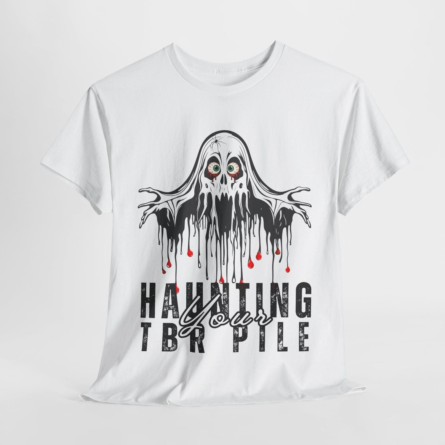 Teen/Adult Unisex Haunting Your TBR Pile T-Shirt – Horror Reader Graphic Tee