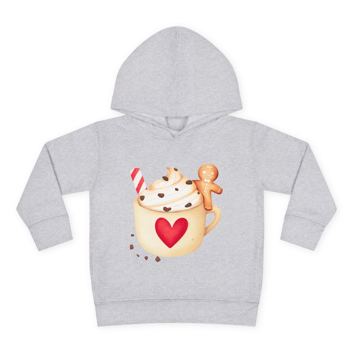 Gray toddler hoodie with a cup of hot cocoa featuring whipped cream, a candy cane, chocolate sprinkles and a gingerbread man on a white background.