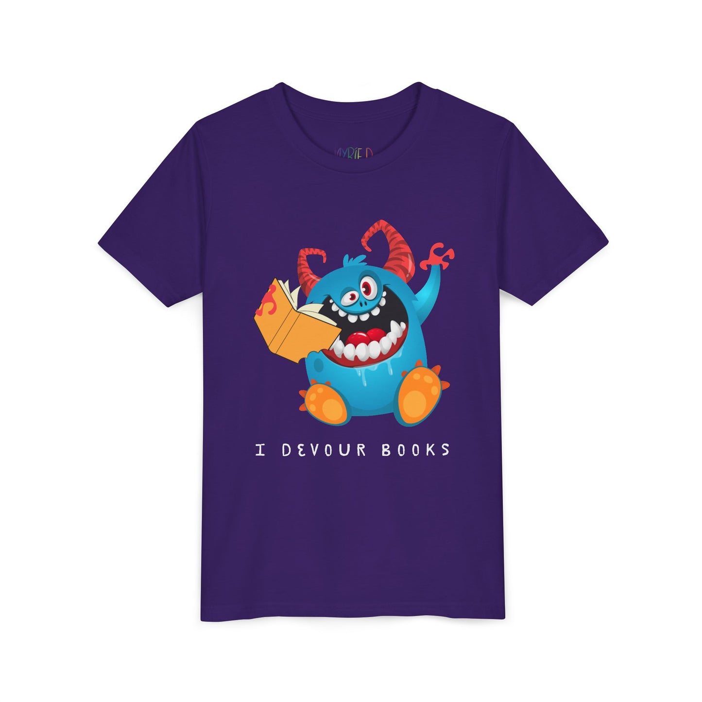 Purple t-shirt with a wide mouthed, book chomping cartoon monster and text 'I DEVOUR BOOKS' 