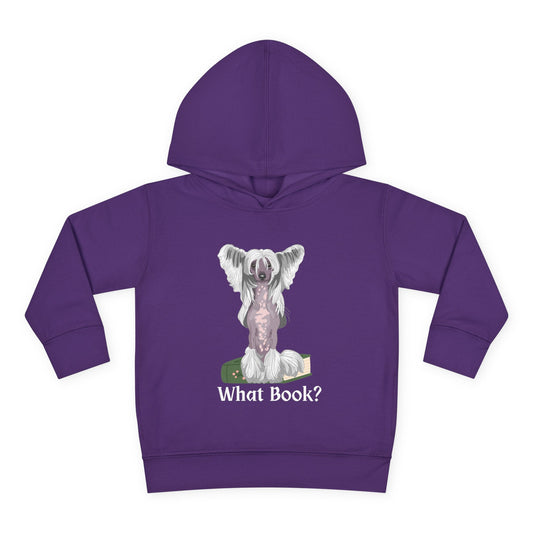 Purple toddler hoodie with a graphic of a dog sitting on a book and text 'What Book?' 