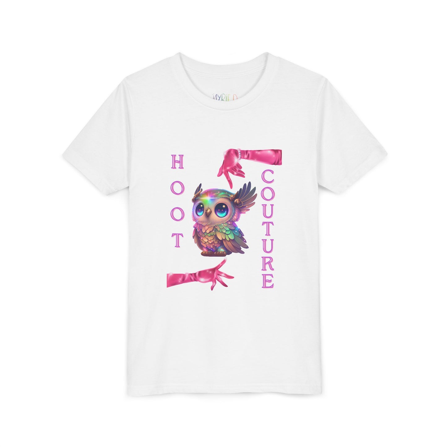White t-shirt with colorful a fancy rainbow colored owl, fashion pink gloves and text 'HOOT COUTURE'