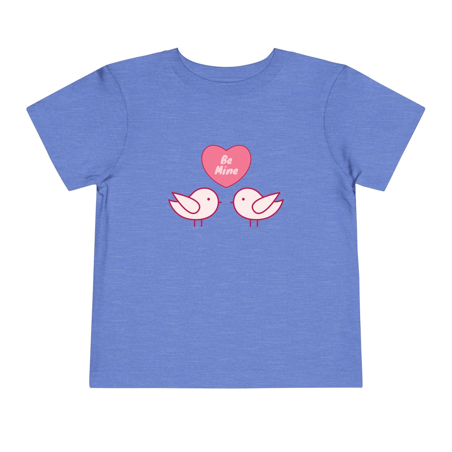 Blue toddler t-shirt with pink heart, two pink birds and 'Be Mine' text 