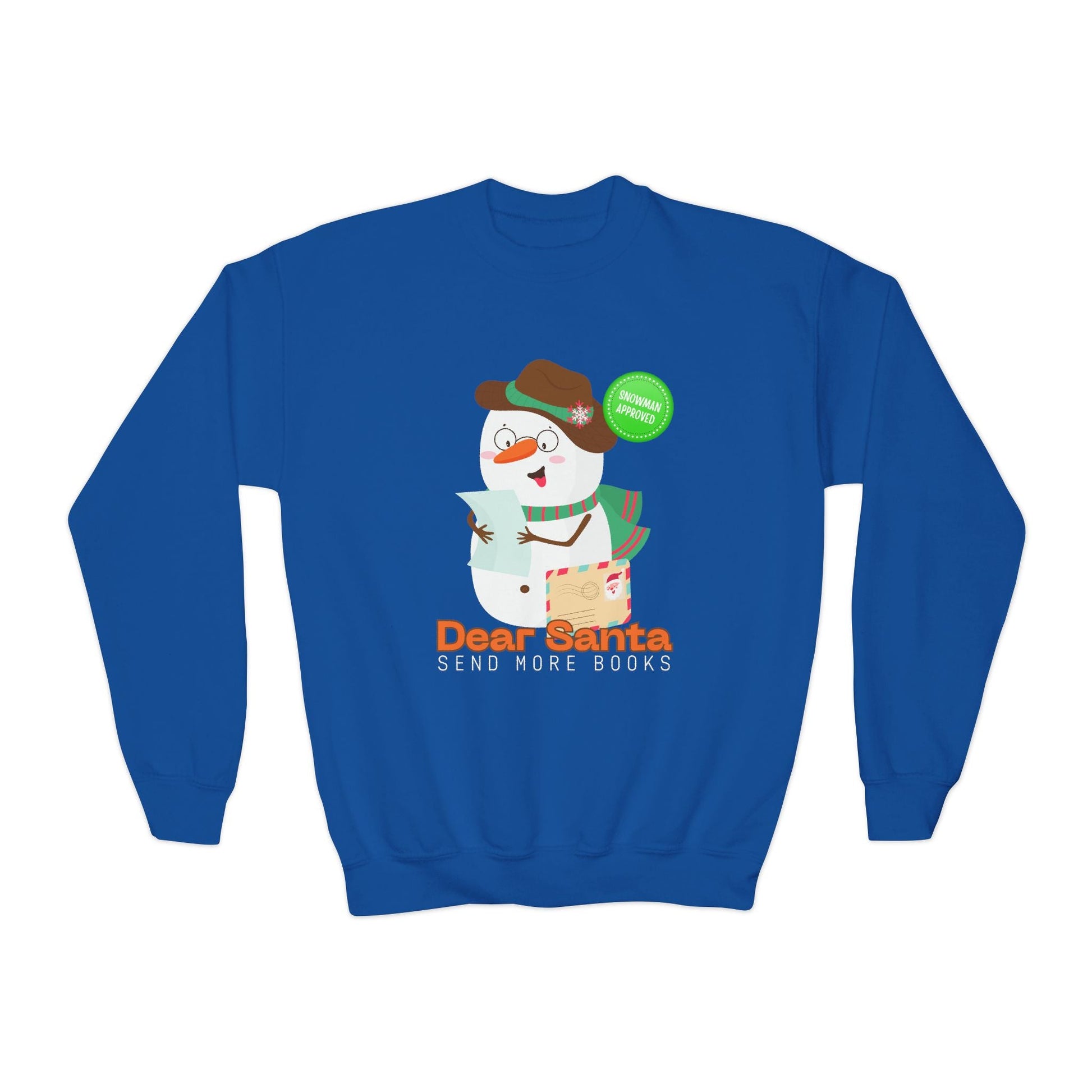 Youth Dear Santa Send More Books Sweatshirt â€“ Snowman Holiday Reader Design Printify