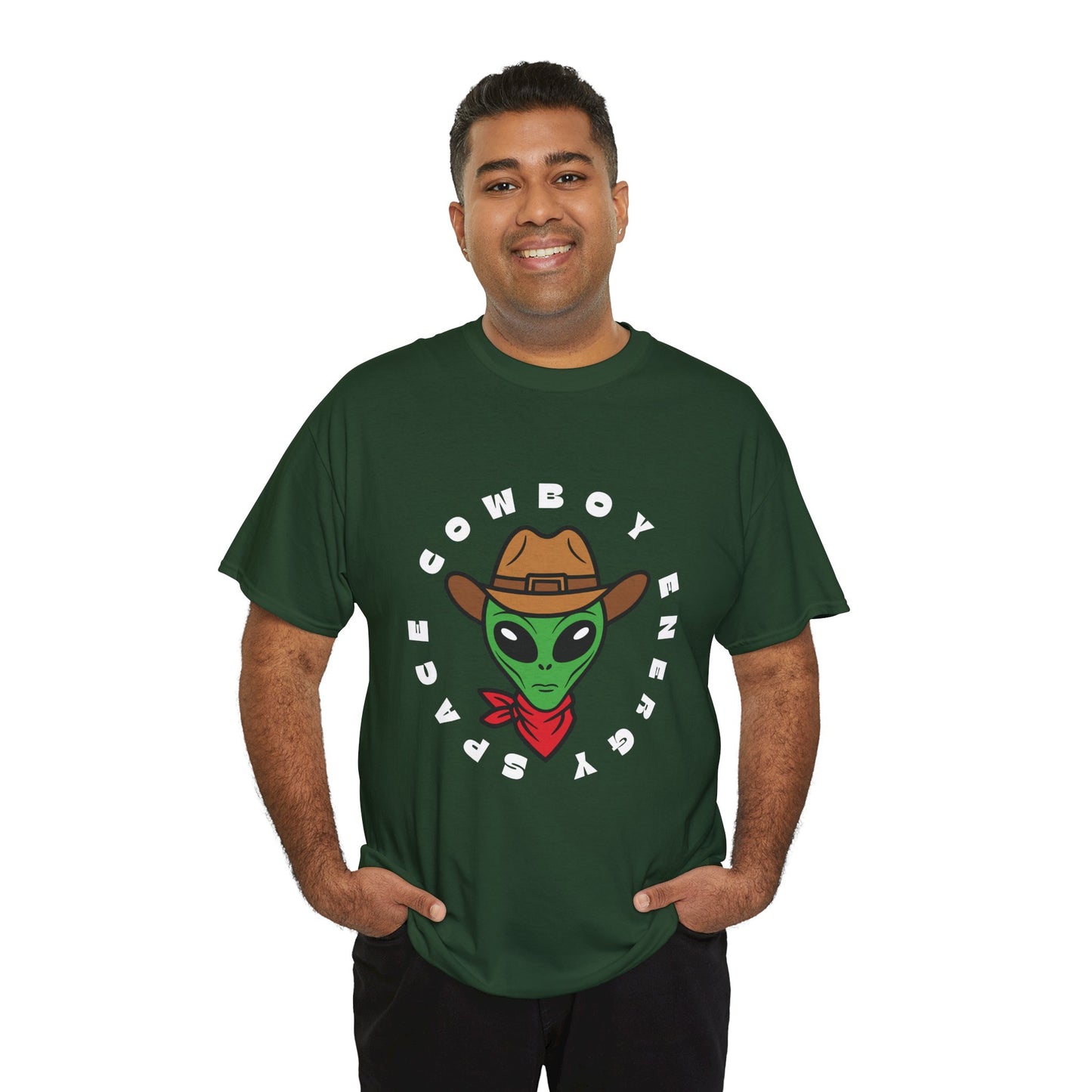 Man wearing a green t-shirt with a large cowboy alien in the enter, circled by text 'Space Cowboy Energy' 