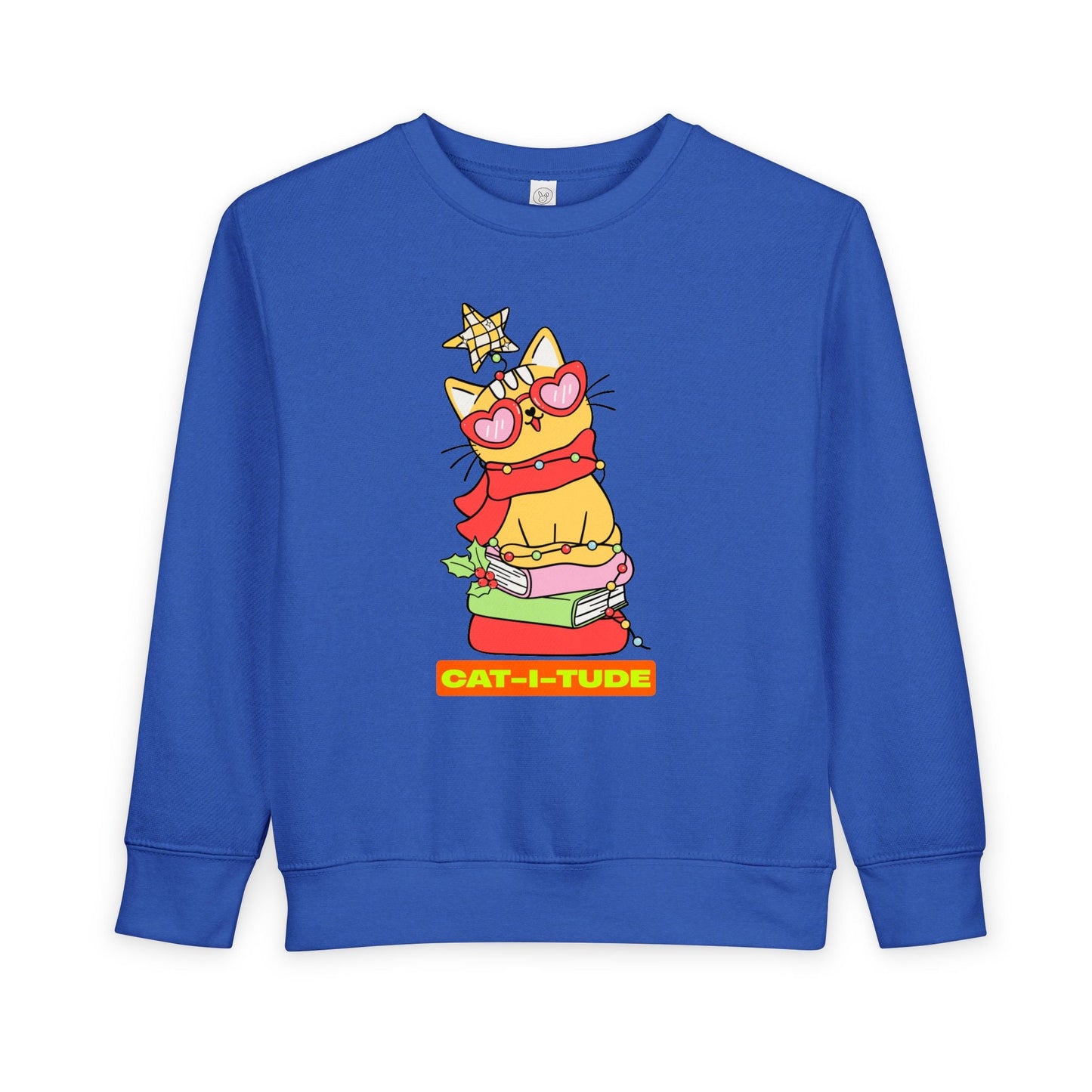 Blue toddler sweatshirt with a cat graphic and 'CAT-I-TUDE' text on a white background