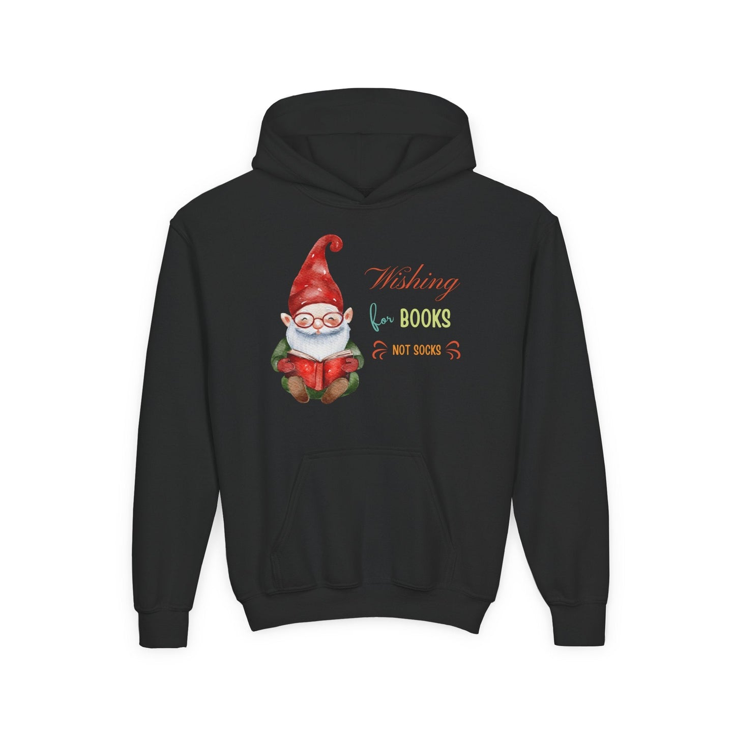 Youth Wishing for Books Hoodie â€“ Cute Holiday Gnome Design Printify