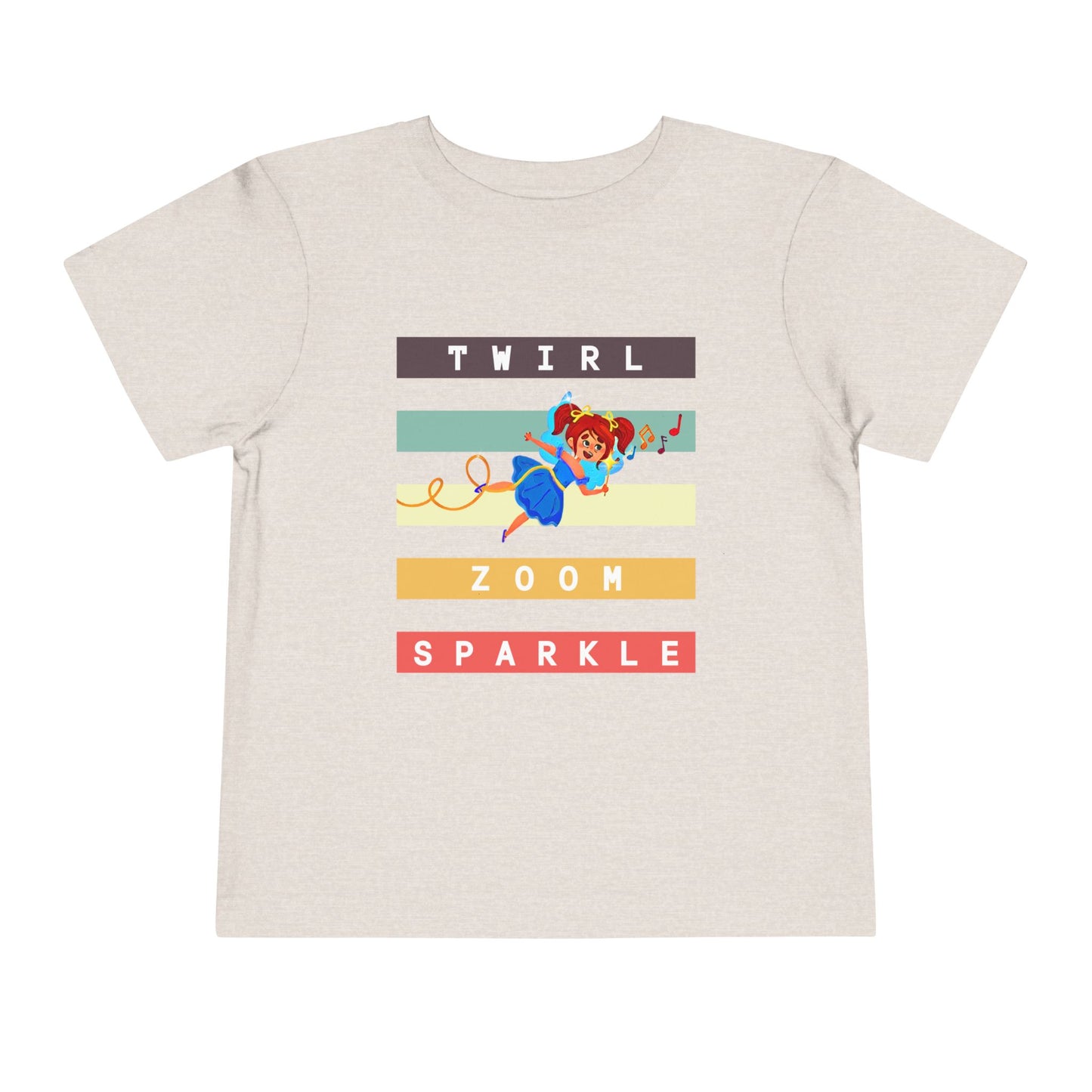 Tan toddler t-shirt with a flying fairy and text in colorful stripes 'twirl, zoom sparkle' 