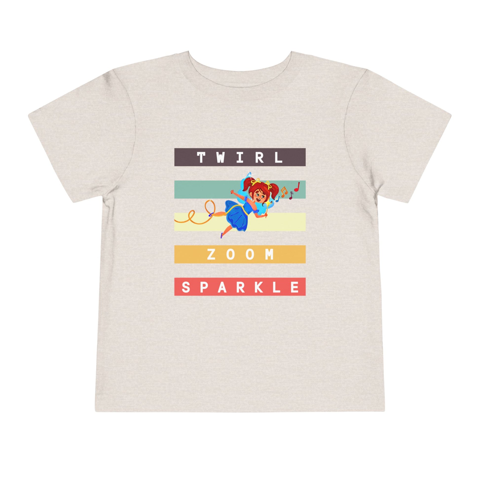 Tan toddler t-shirt with a flying fairy and text in colorful stripes 'twirl, zoom sparkle' 