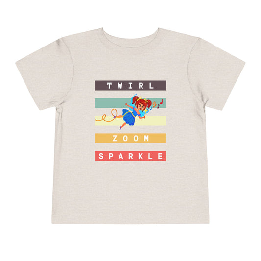 Tan toddler t-shirt with a flying fairy and text in colorful stripes 'twirl, zoom sparkle' 