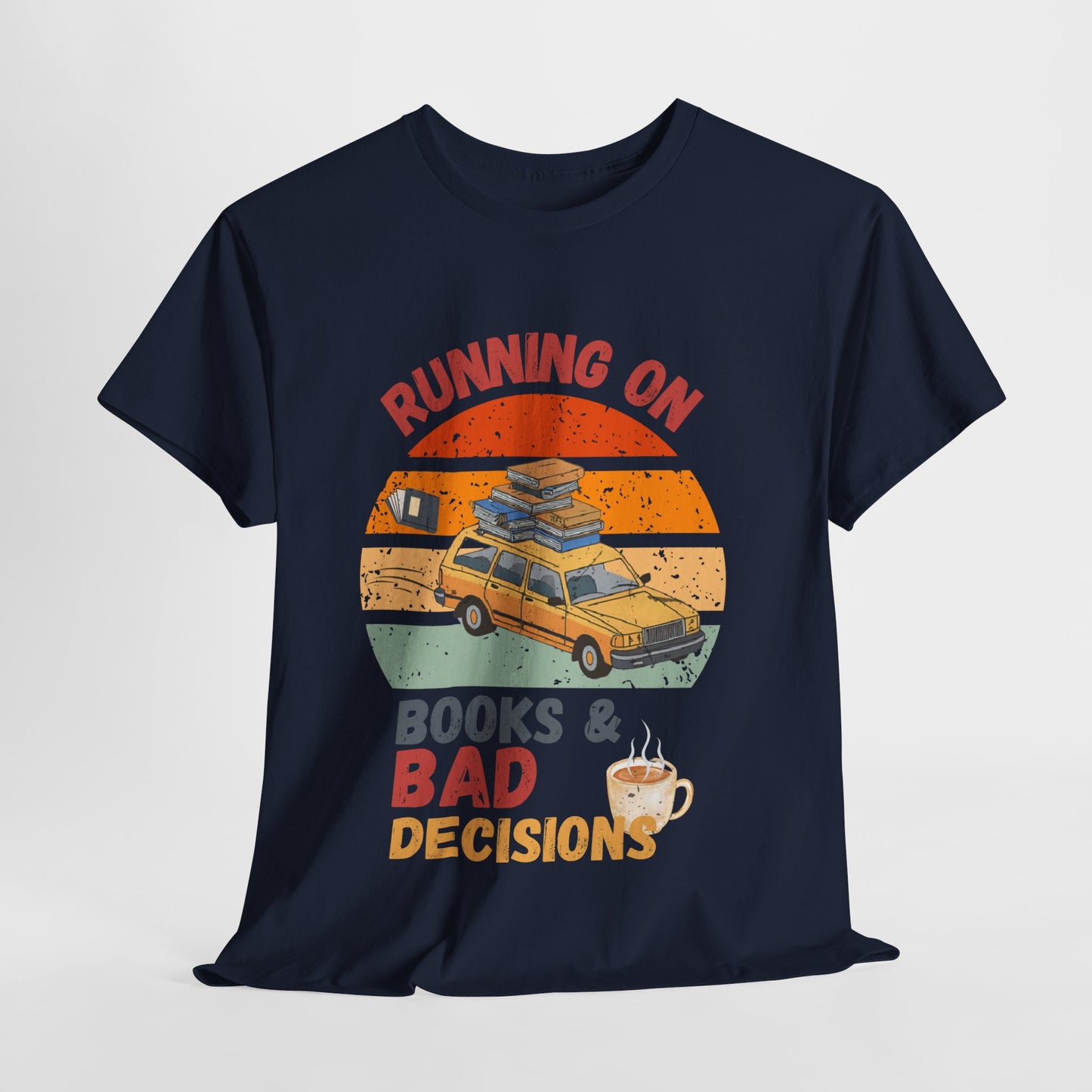 Teen/Adult Unisex Running on Books & Bad Decisions Tee – Funny Retro Reader Shirt for Book Addicts (Coffee Edition)