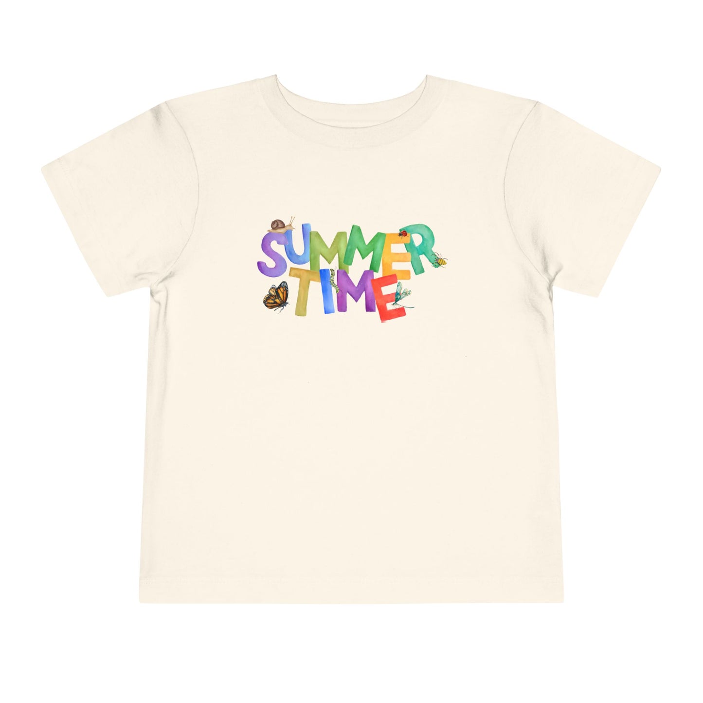 Beige t-shirt with 'SUMMER TIME' text and a variety of bugs 