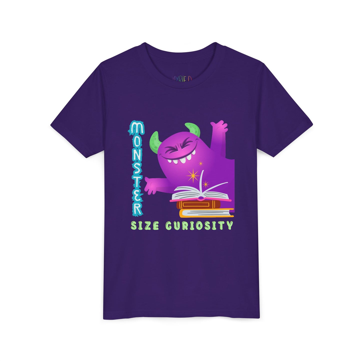 Purple t-shirt with a purple monster leaning in from the edge of the page, a stack of books and text 'Monster Size Curiosity' 