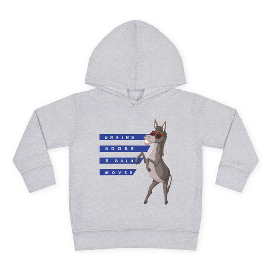 Gray toddler hoodie with a donkey graphic wearing red glasses and text 'Brains - Books - & Bold Moves'