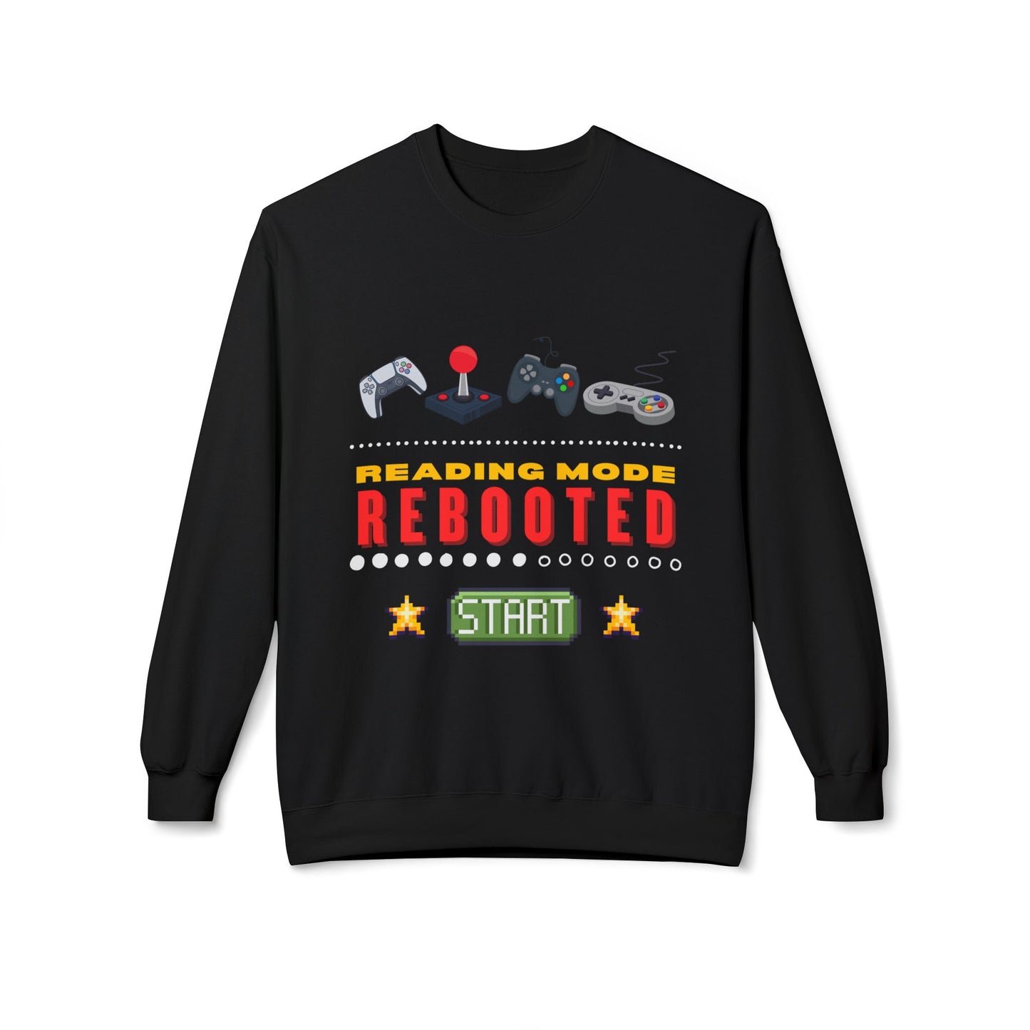 Black sweatshirt with gaming-themed design and text 'Reading Mode Rebooted'