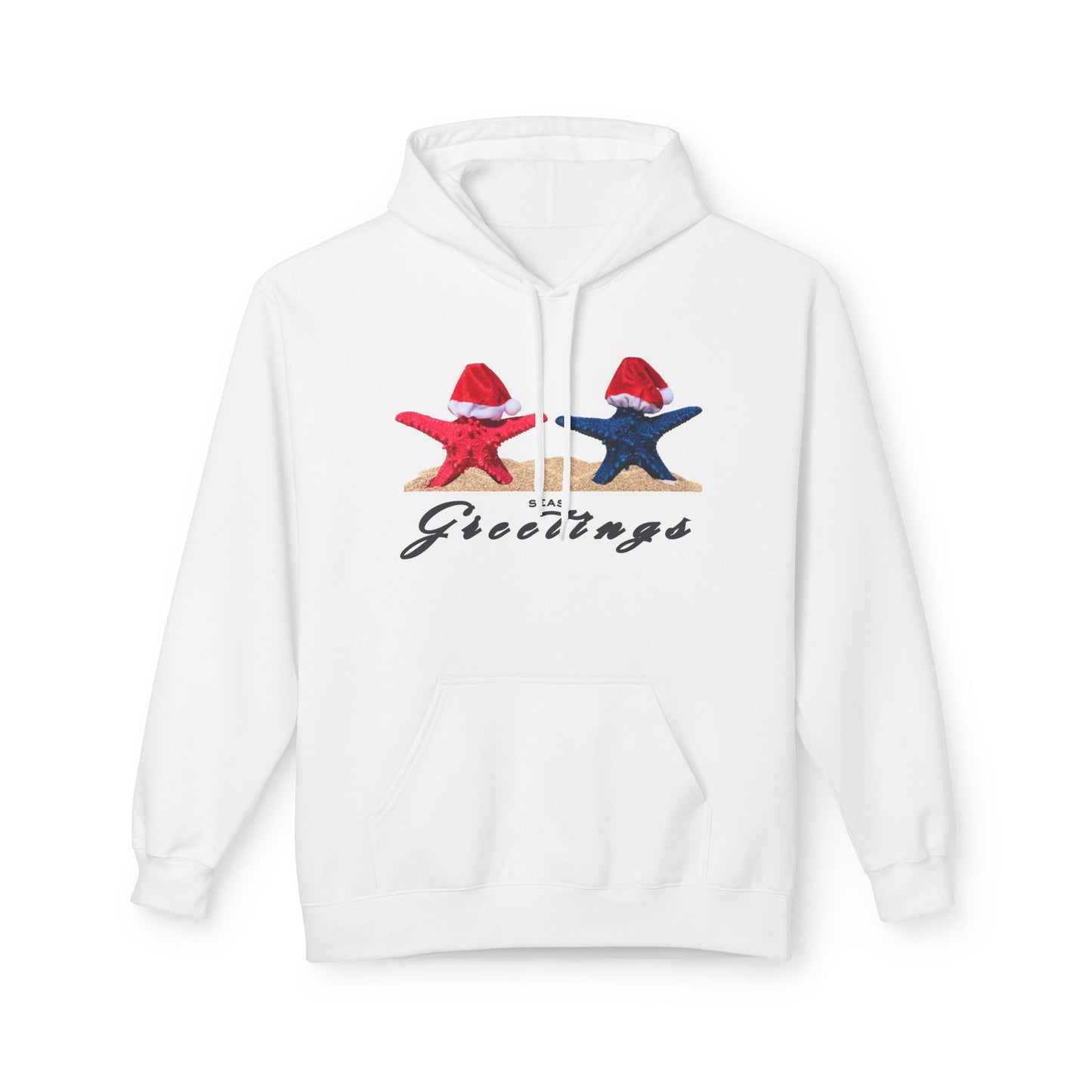 White hoodie with star fish wearing Christmas hats in the sand, text 'Merry Greetings' text on a white background