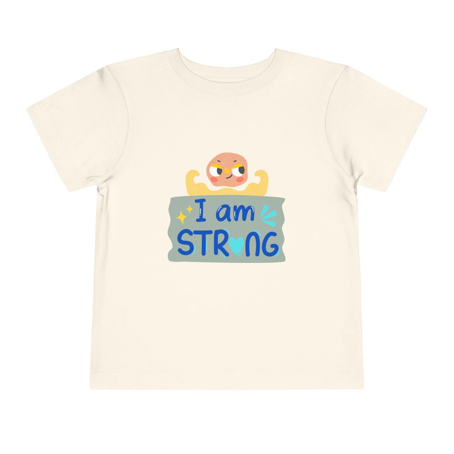 beige toddler t-shirt with a cartoon character showing its arm muscles and 'I am strong' text