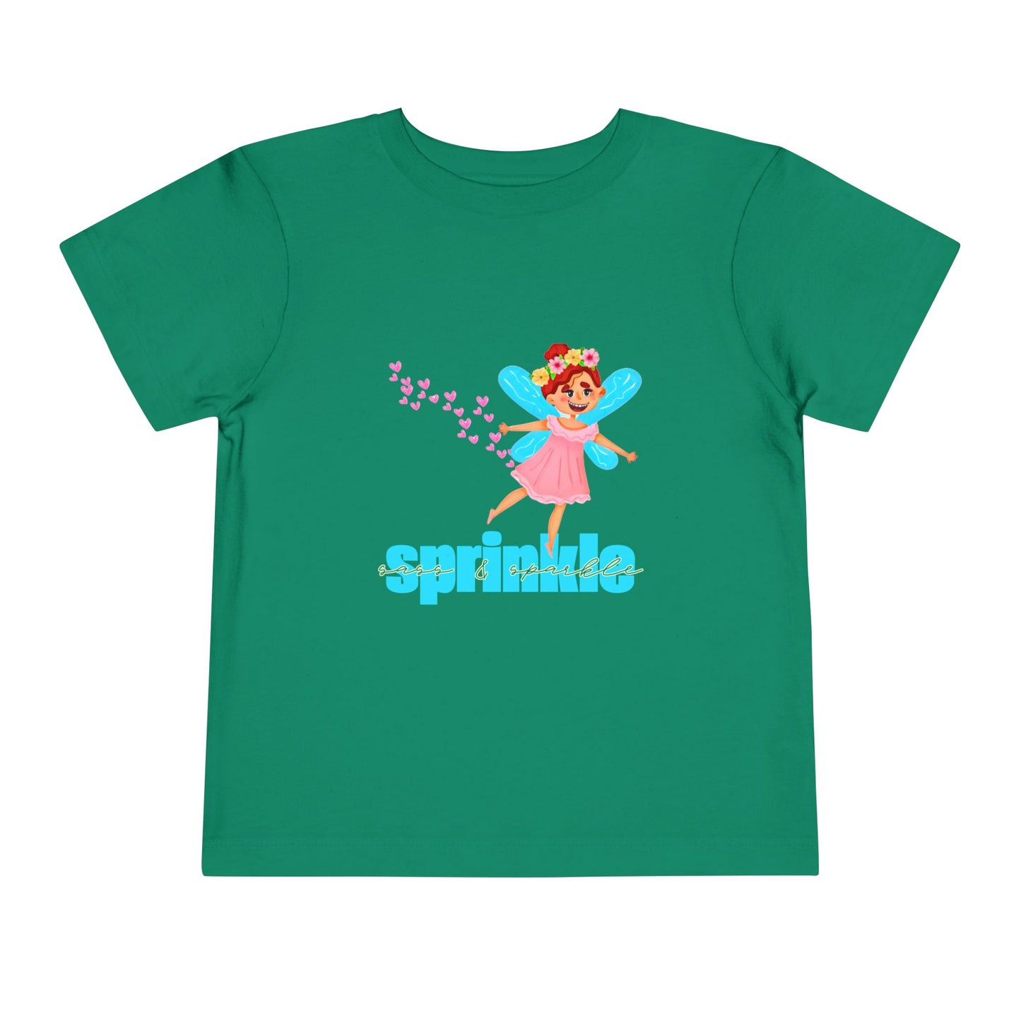 Green toddler t-shirt with a fairy graphic, hearts and 'sprinkle sass & sparkle' text