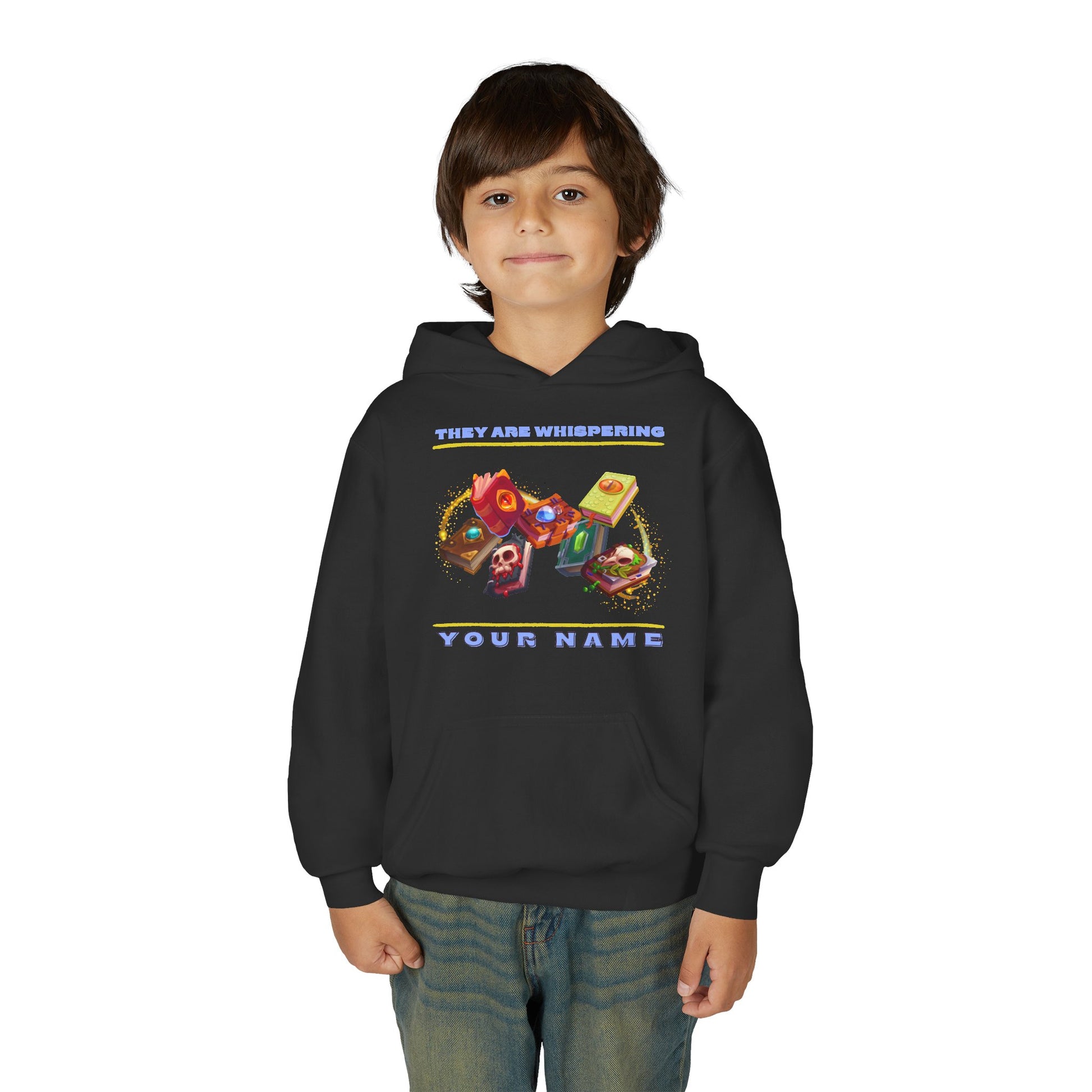 Boy wearing a black hoodie with colorful swirling creepy book graphics and text 'They Are Whispering Your Name'