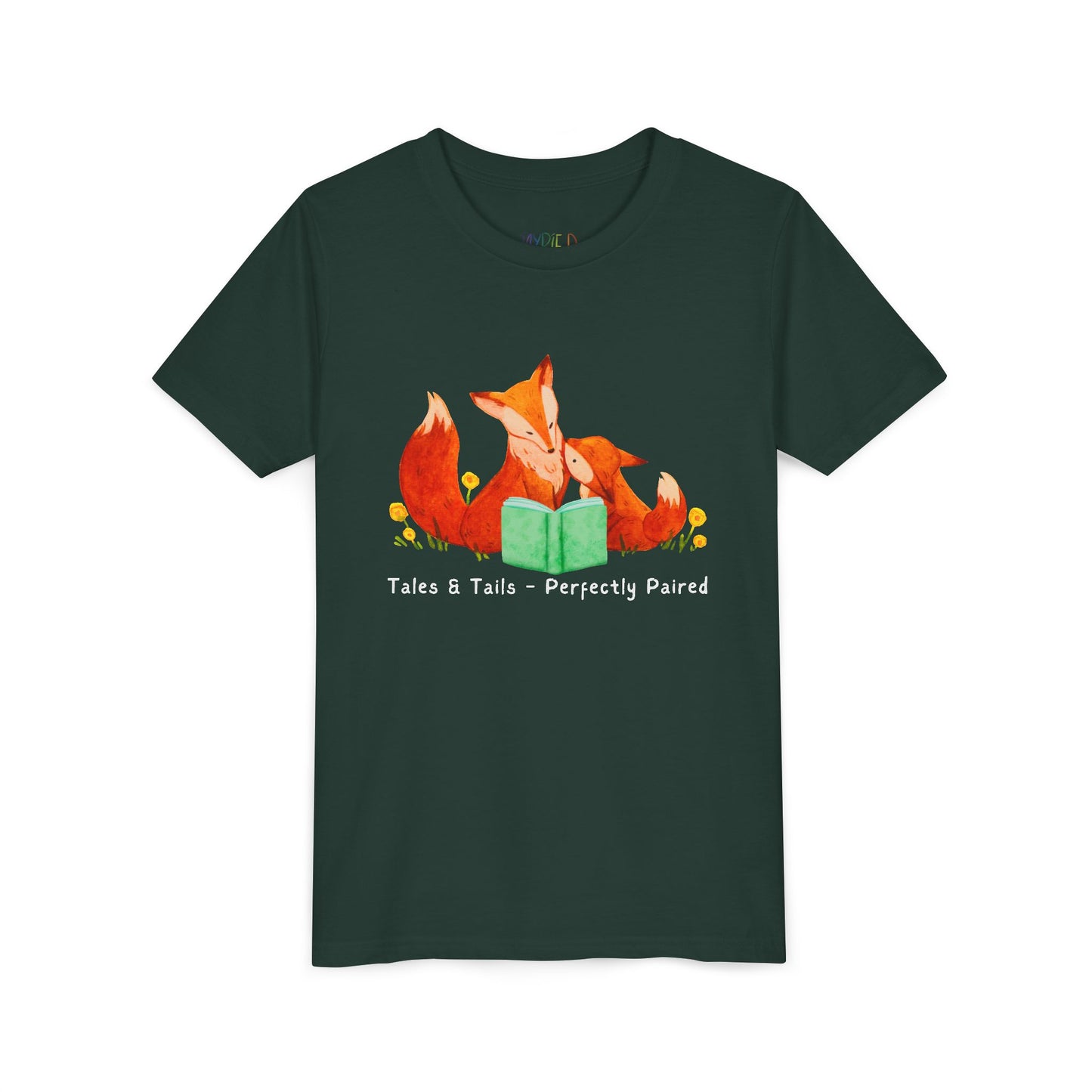 Dark green t-shirt with fox family reading a book and text 'tales & tails - perfectly paired'