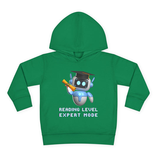 Green hoodie with a robot graduate design and text 'Reading Level Expert Mode'