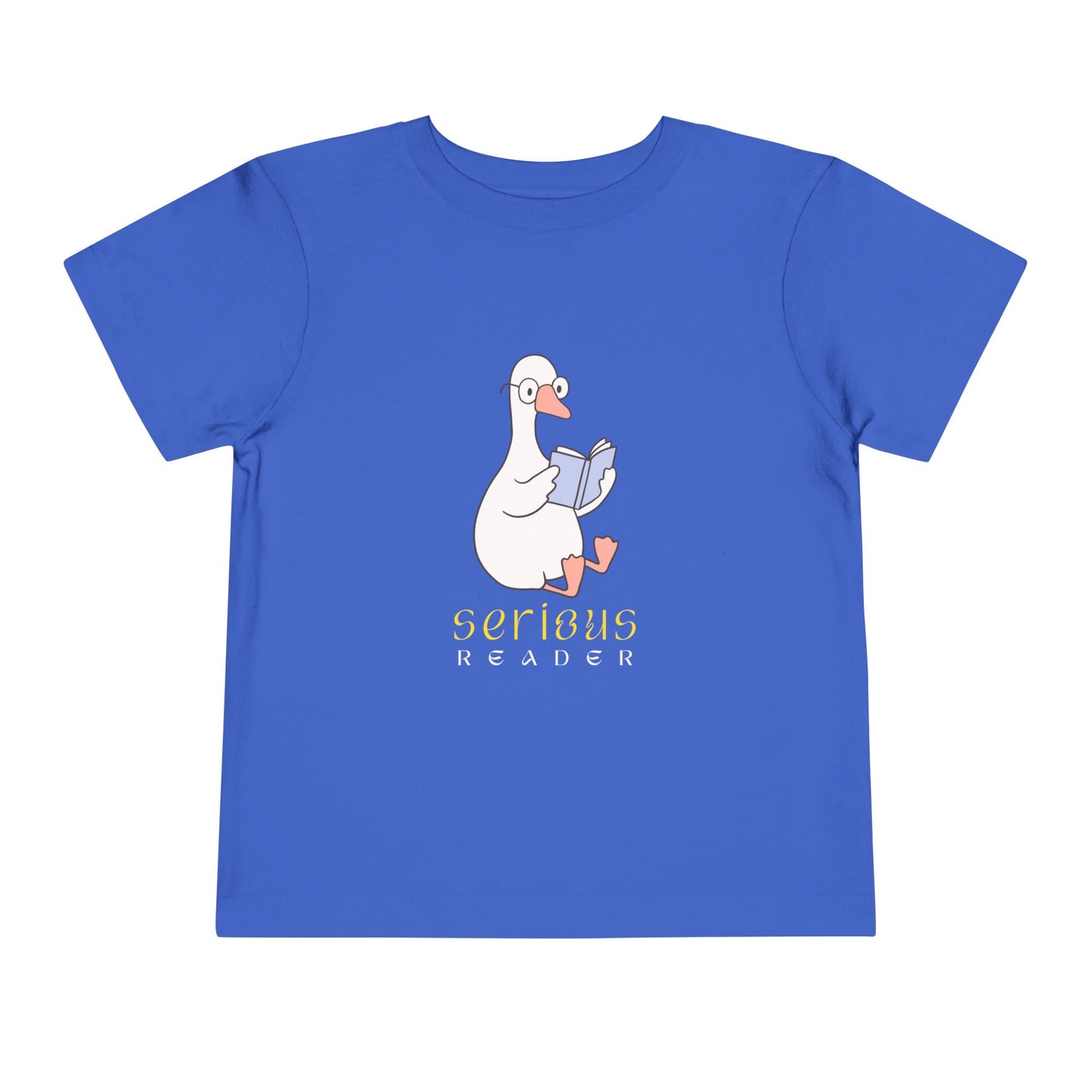 Blue t-shirt with a cartoon duck or goose reading a book and 'Serious Reader' text 