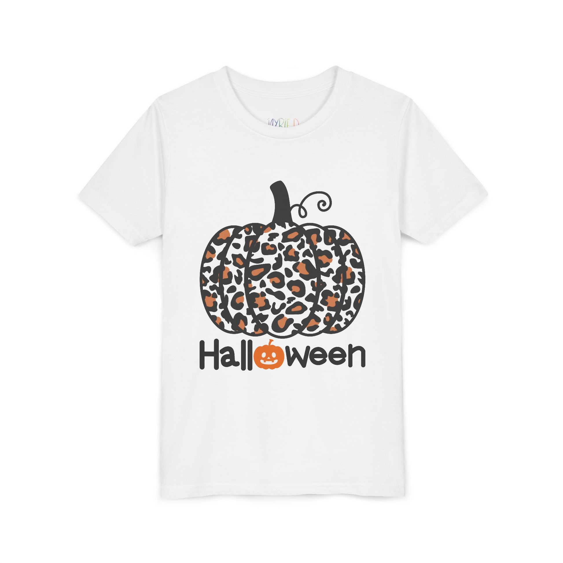 White t-shirt with a leopard print pumpkin and 'Halloween' text
