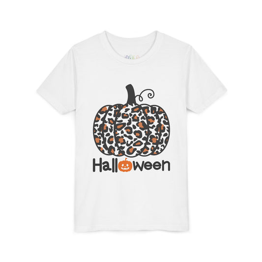 White t-shirt with a leopard print pumpkin and 'Halloween' text