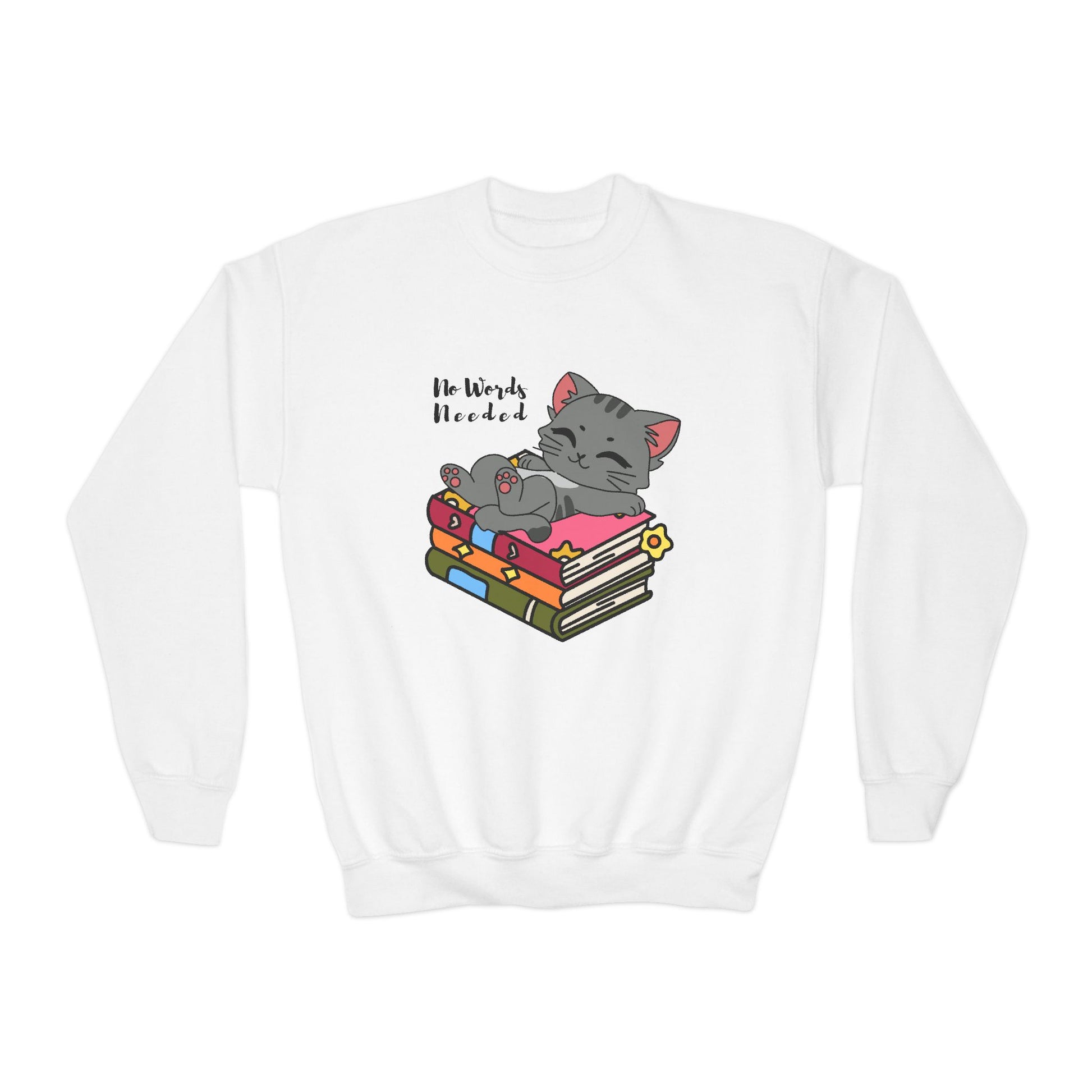 White sweatshirt with a cat lounging on a stack of books and 'No Words Needed' text 