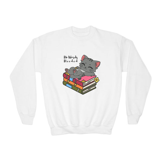 White sweatshirt with a cat lounging on a stack of books and 'No Words Needed' text 
