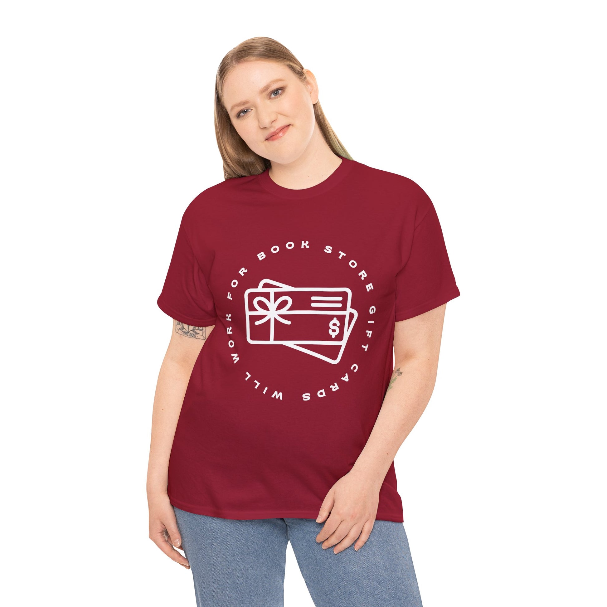 Woman wearing a red t-shirt with a gift cards circled by text 'will work for book store gift cards' 