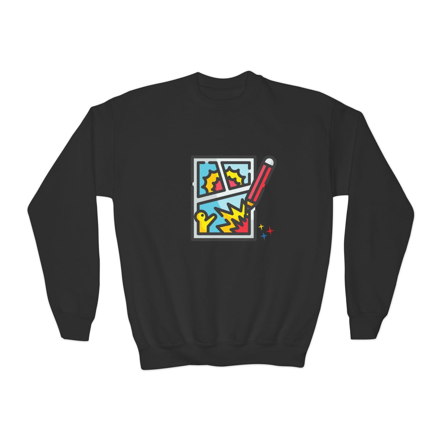 Black sweatshirt with colorful comic book graphic drawing and pencil